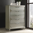 Contemporary Silver 1pc Chest of Drawers Acrylic Handles Embossed Panels English Dovetails 5-Drawers Tall Dresser