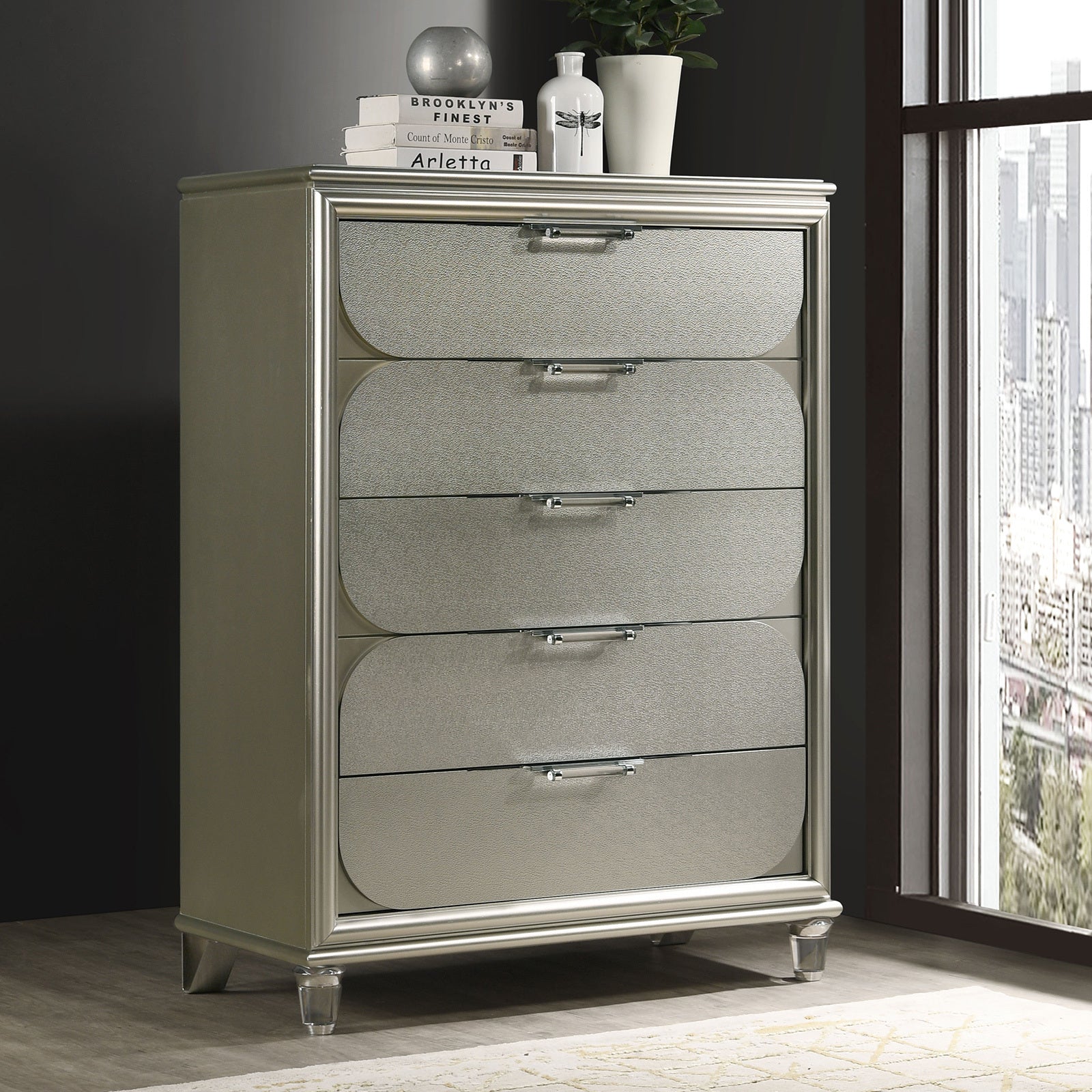 Contemporary Silver 1pc Chest of Drawers Acrylic Handles Embossed Panels English Dovetails 5-Drawers Tall Dresser