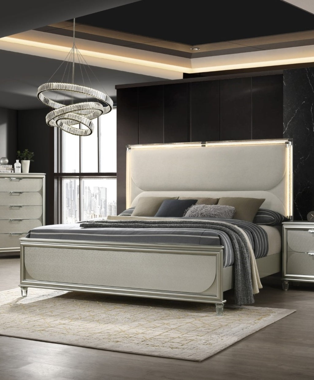 Contemporary Glam Silver Fabric Upholstered Queen Size Bed w LED Embossed Panel 1pc Bedframe Bedroom Furniture