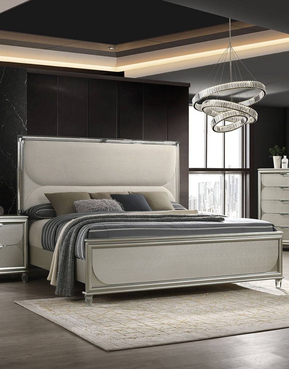 Contemporary Glam Silver Fabric Upholstered Queen Size Bed w LED Embossed Panel 1pc Bedframe Bedroom Furniture