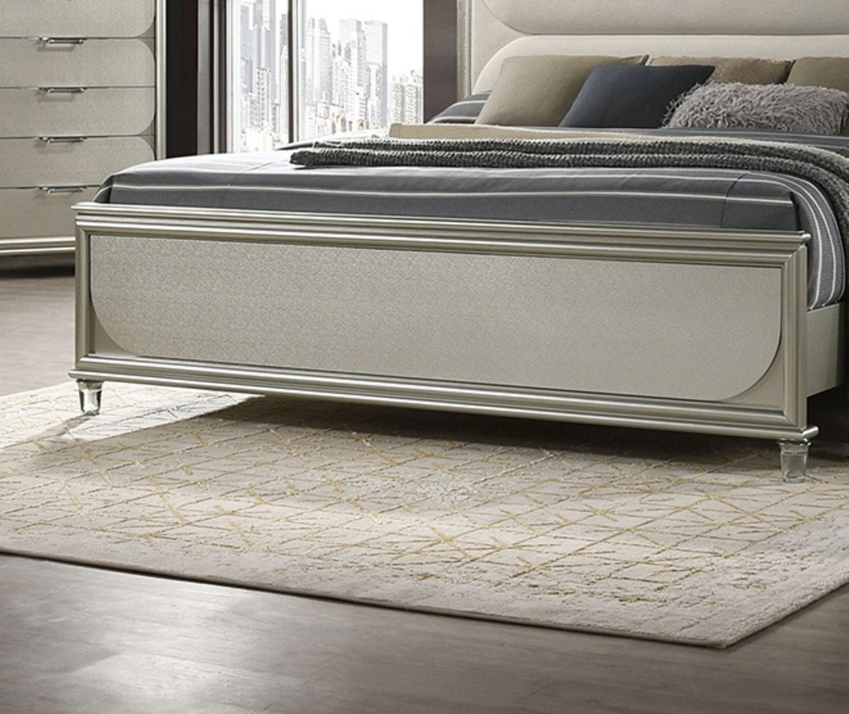 Contemporary Glam Silver Fabric Upholstered Queen Size Bed w LED Embossed Panel 1pc Bedframe Bedroom Furniture