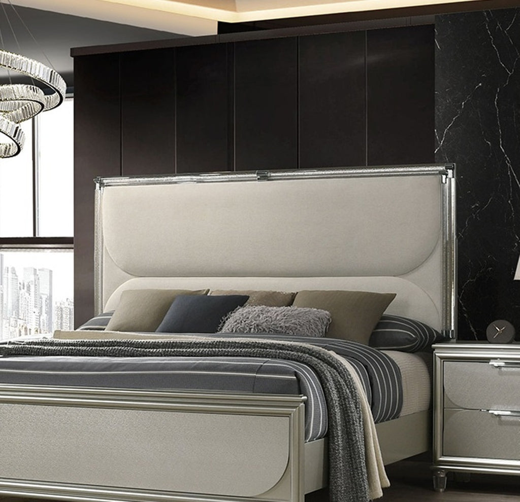 Contemporary Glam Silver Fabric Upholstered Queen Size Bed w LED Embossed Panel 1pc Bedframe Bedroom Furniture