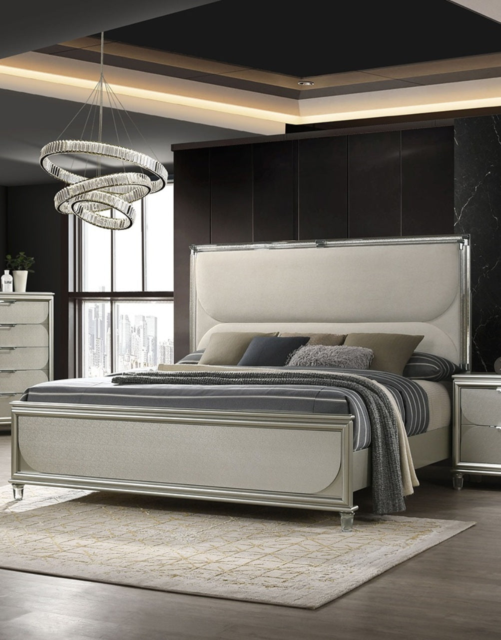 Contemporary Glam Silver Fabric Upholstered Queen Size Bed w LED Embossed Panel 1pc Bedframe Bedroom Furniture