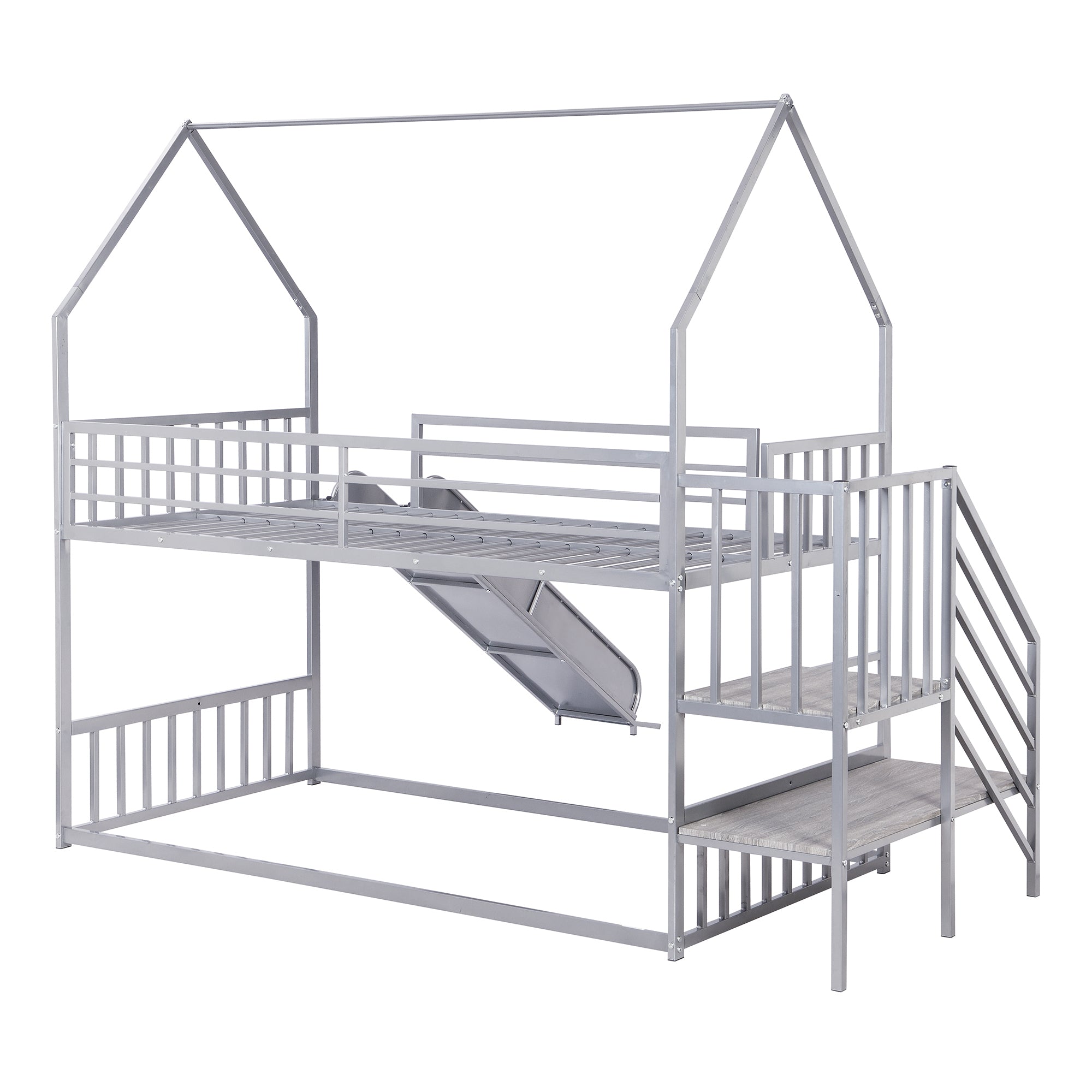 Twin over Twin Metal Bunk Bed House Bed with Slide and Staircase, Silver
