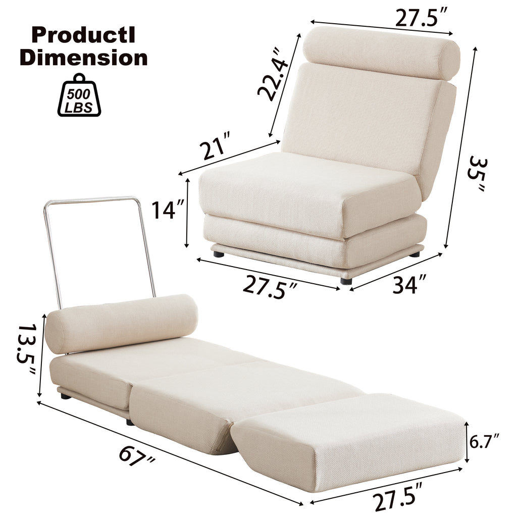 Single Sofa Chair Foldable Single Sofa Bed with Pillow,Portable Foldable Sofa Bed,Leisure Sofa Chair,Easy to Store,Made of Breathable and Wearable Linen Cream white