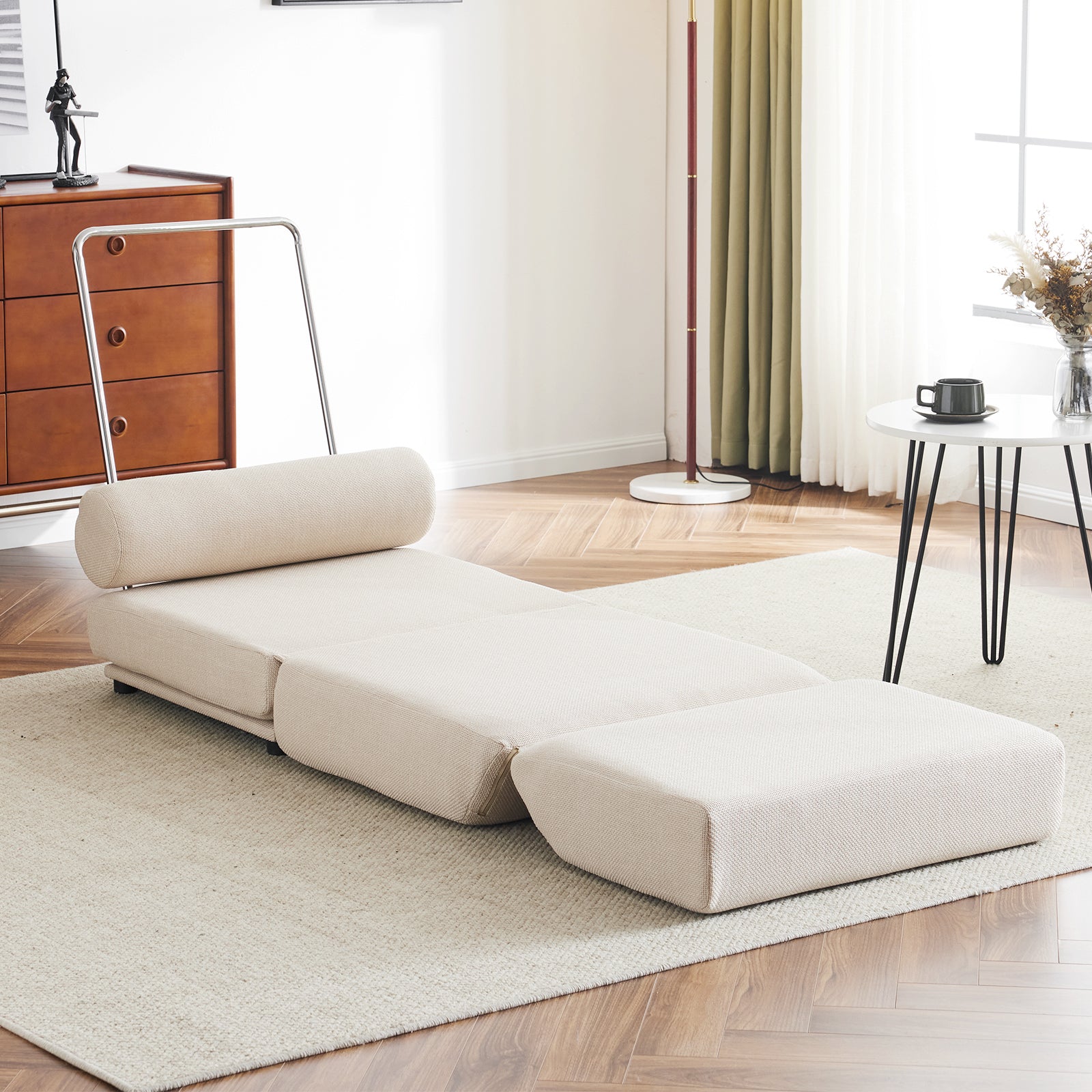 Single Sofa Chair Foldable Single Sofa Bed with Pillow,Portable Foldable Sofa Bed,Leisure Sofa Chair,Easy to Store,Made of Breathable and Wearable Linen Cream white