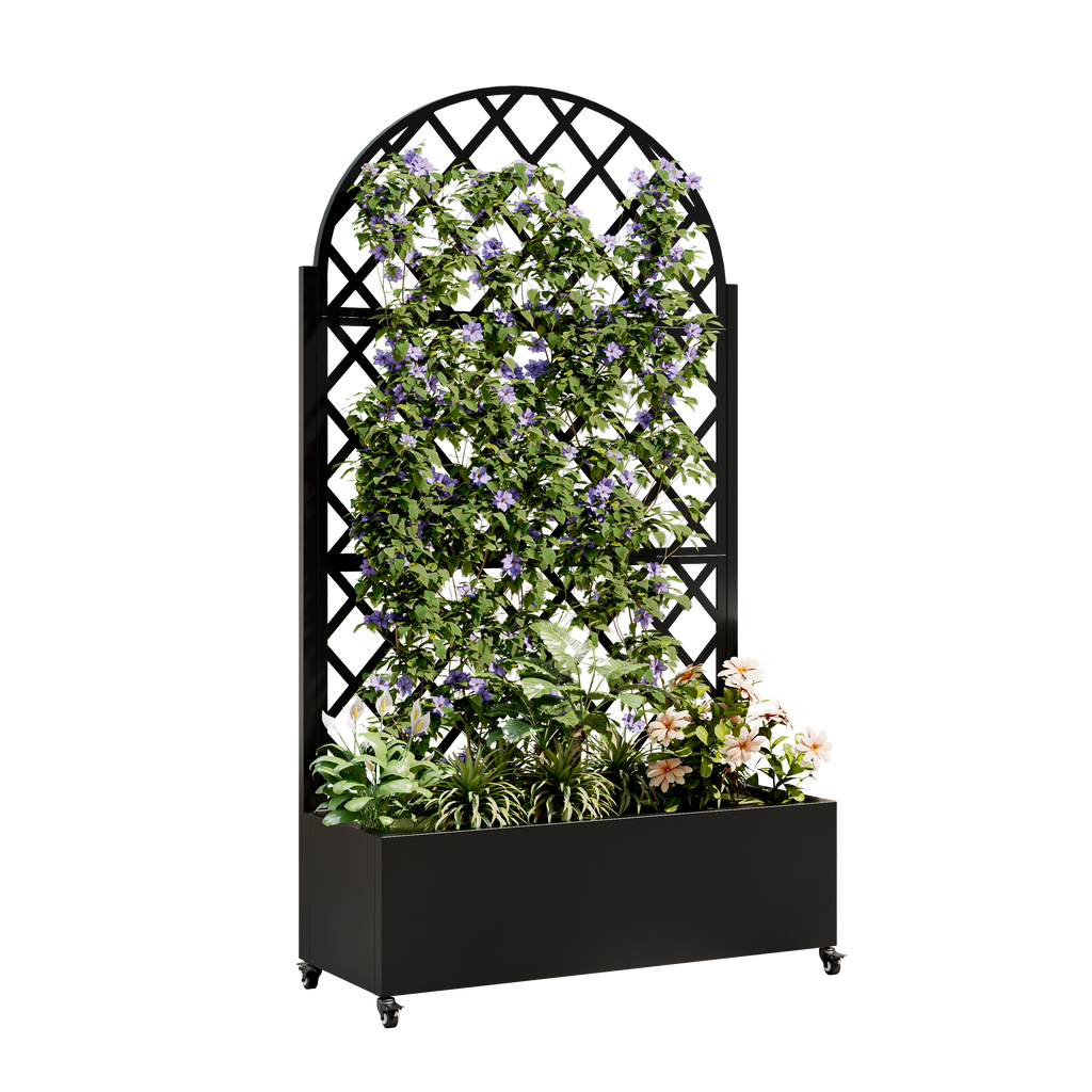 round Metal Planter Box with Trellis Raised Garden Bed with 4 wheelsTrellis & Privacy Screen for Climbing Plants, Vegetables, Vines