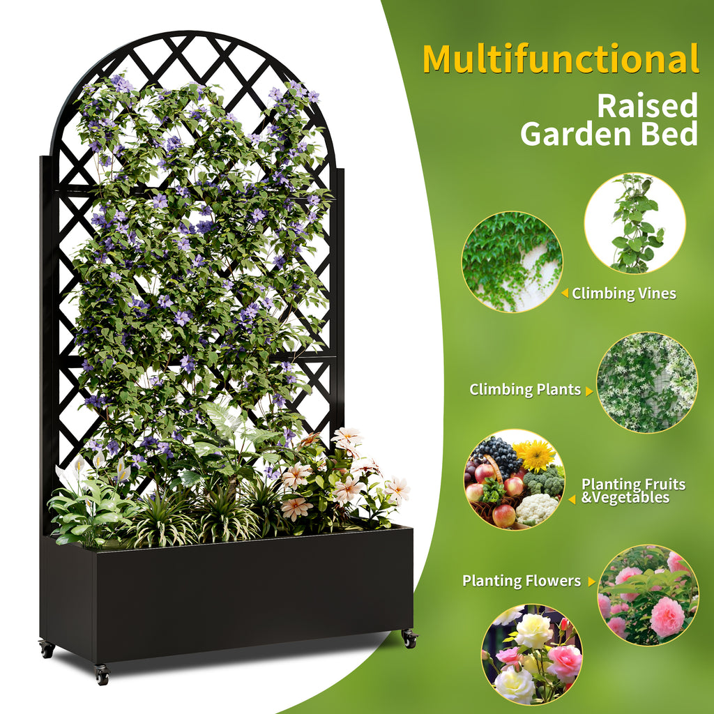 round Metal Planter Box with Trellis Raised Garden Bed with 4 wheelsTrellis & Privacy Screen for Climbing Plants, Vegetables, Vines