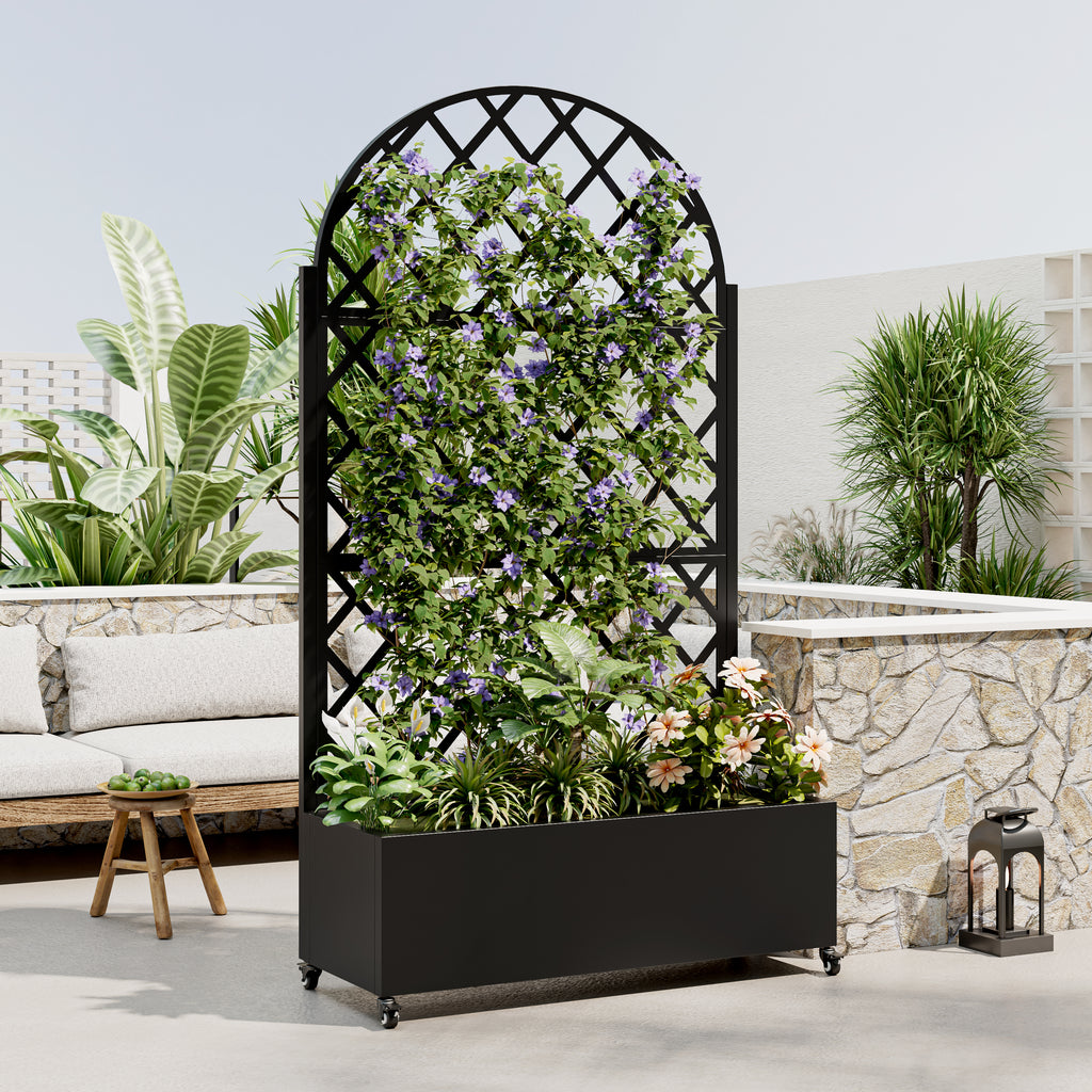 round Metal Planter Box with Trellis Raised Garden Bed with 4 wheelsTrellis & Privacy Screen for Climbing Plants, Vegetables, Vines