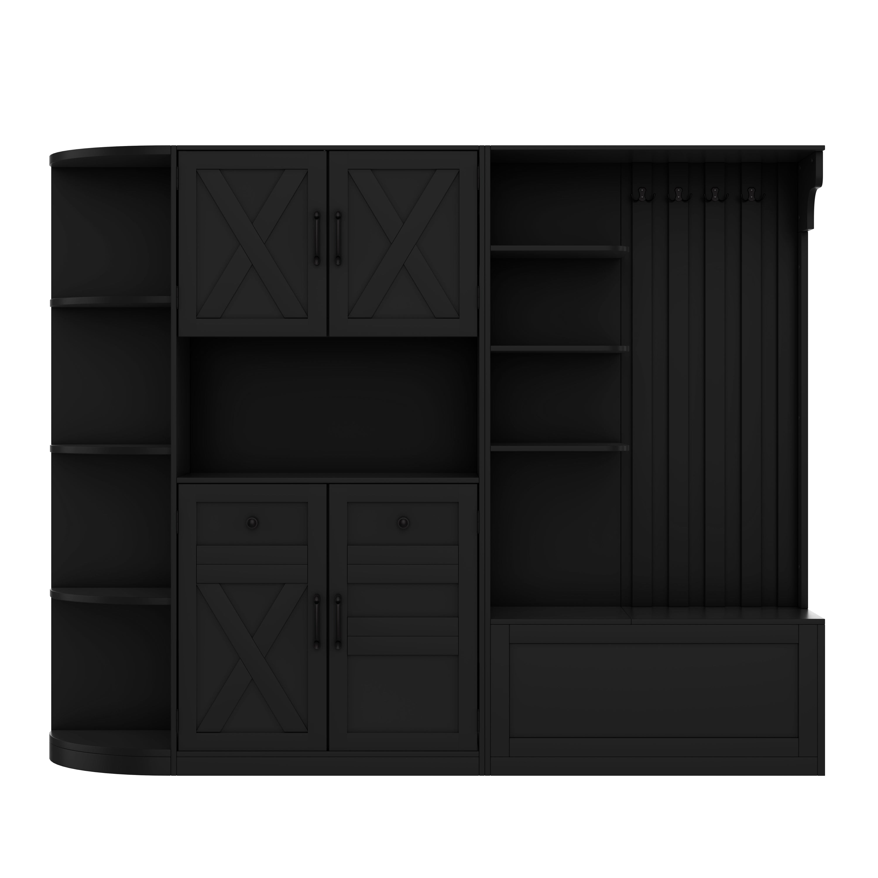 Multifunctional left-right combination hall cabinet (can be used separately) with storage and 4 hooks, storage cabinet/ hall tree 2 in 1 for living room, kitchen and hallway, Black