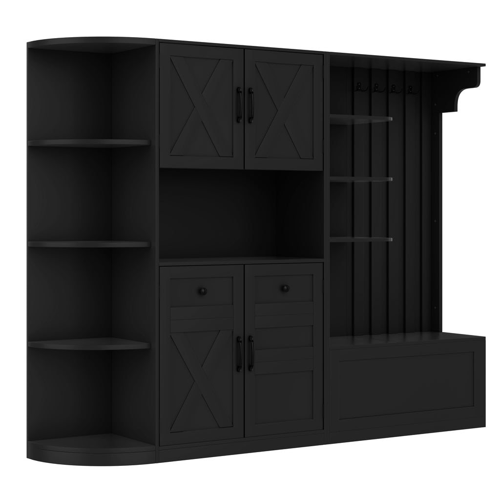 Multifunctional left-right combination hall cabinet (can be used separately) with storage and 4 hooks, storage cabinet/ hall tree 2 in 1 for living room, kitchen and hallway, Black