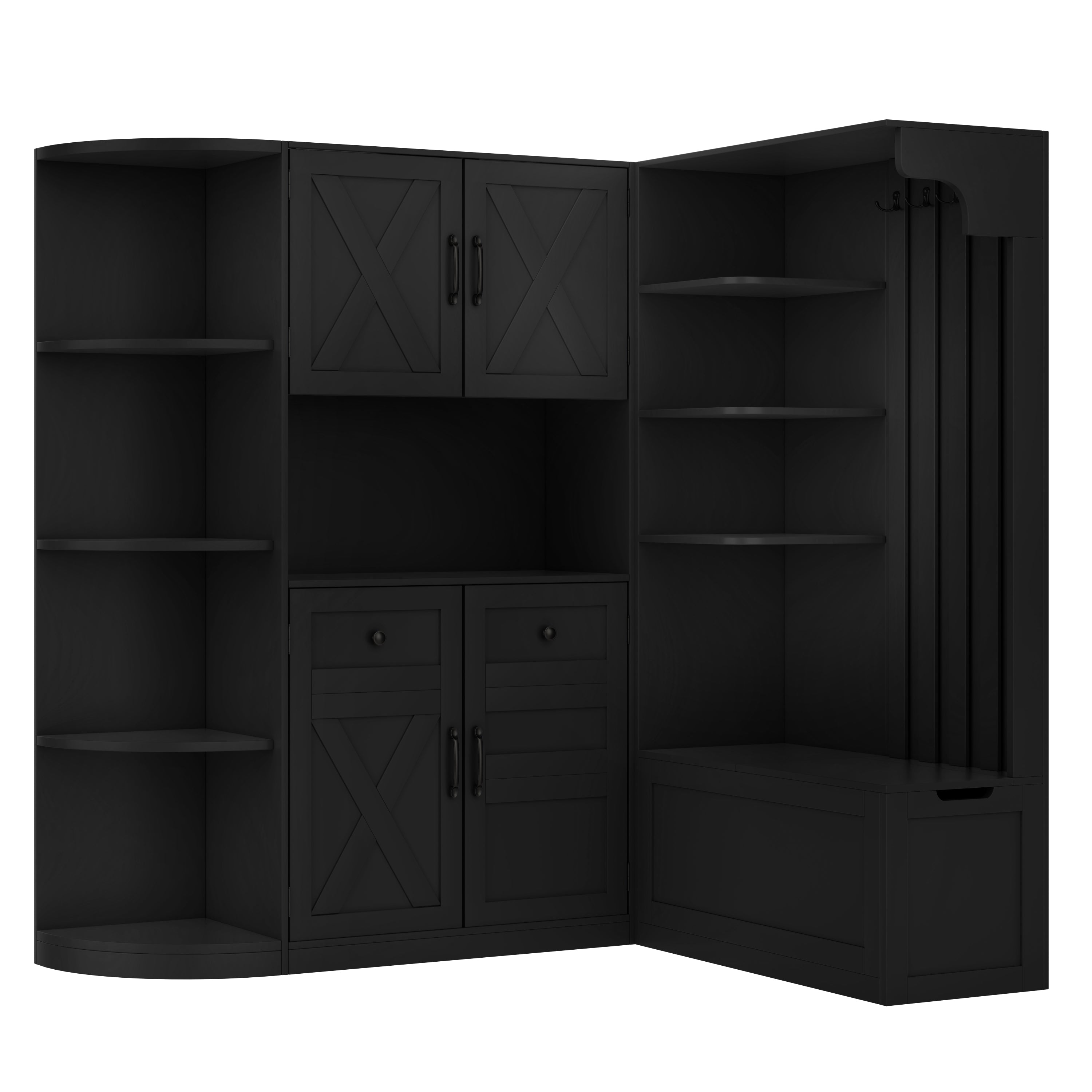 Multifunctional left-right combination hall cabinet (can be used separately) with storage and 4 hooks, storage cabinet/ hall tree 2 in 1 for living room, kitchen and hallway, Black