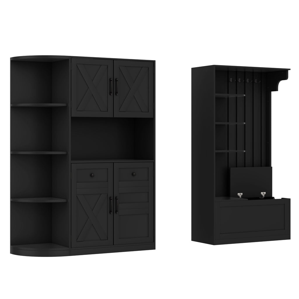 Multifunctional left-right combination hall cabinet (can be used separately) with storage and 4 hooks, storage cabinet/ hall tree 2 in 1 for living room, kitchen and hallway, Black