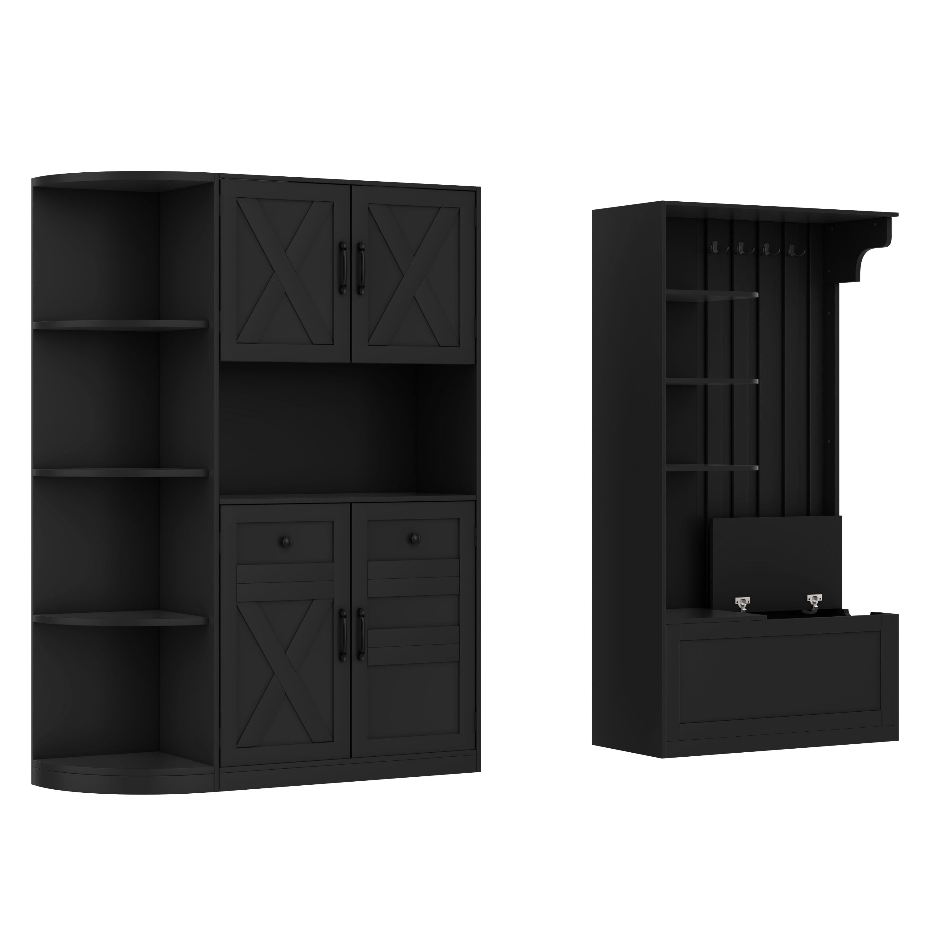 Multifunctional left-right combination hall cabinet (can be used separately) with storage and 4 hooks, storage cabinet/ hall tree 2 in 1 for living room, kitchen and hallway, Black