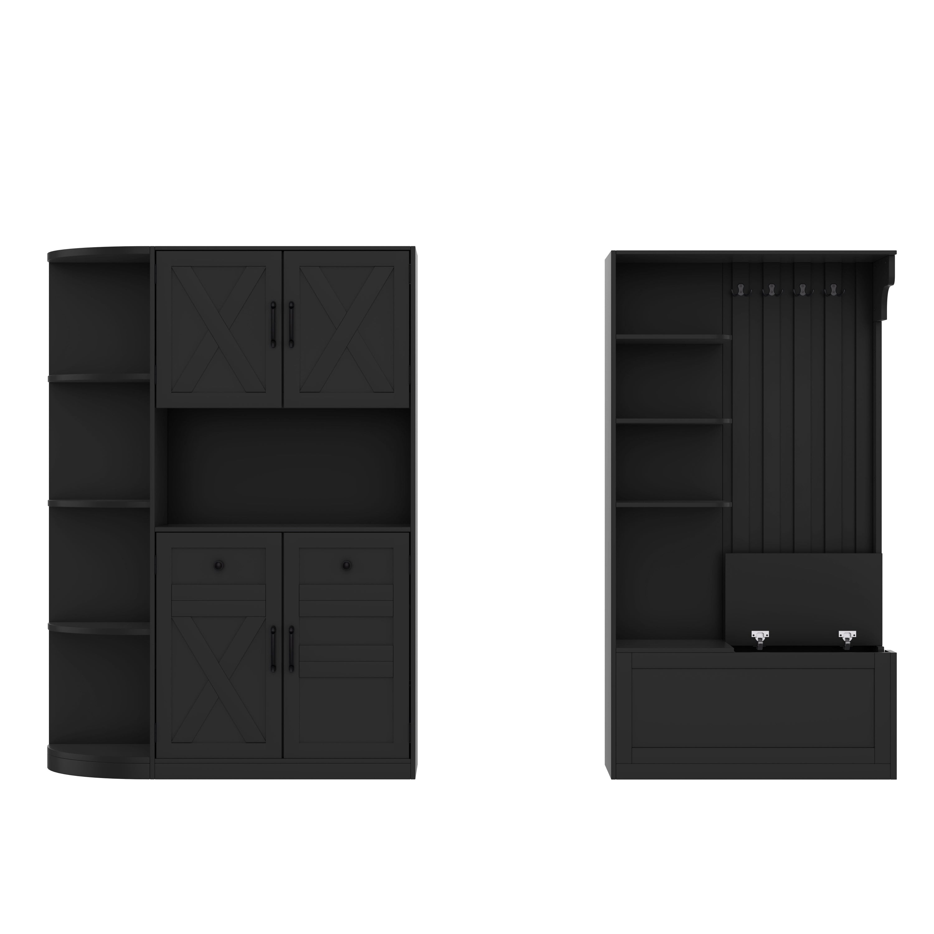 Multifunctional left-right combination hall cabinet (can be used separately) with storage and 4 hooks, storage cabinet/ hall tree 2 in 1 for living room, kitchen and hallway, Black
