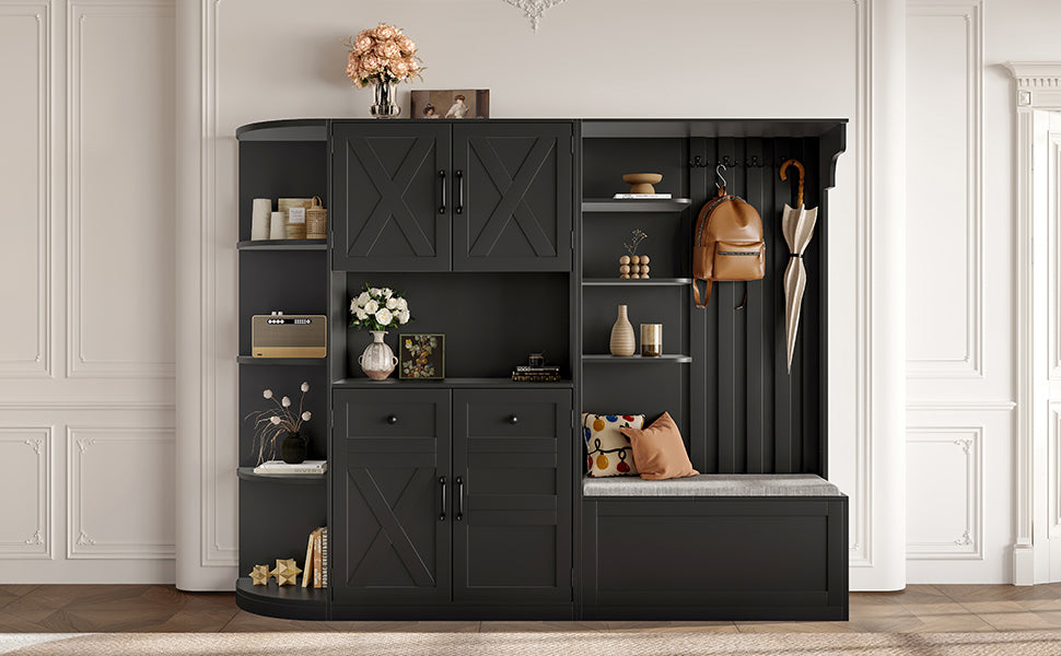 Multifunctional left-right combination hall cabinet (can be used separately) with storage and 4 hooks, storage cabinet/ hall tree 2 in 1 for living room, kitchen and hallway, Black
