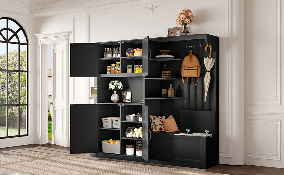 Multifunctional left-right combination hall cabinet (can be used separately) with storage and 4 hooks, storage cabinet/ hall tree 2 in 1 for living room, kitchen and hallway, Black