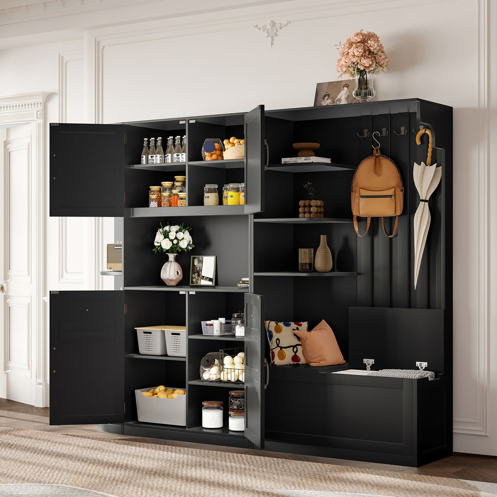 Multifunctional left-right combination hall cabinet (can be used separately) with storage and 4 hooks, storage cabinet/ hall tree 2 in 1 for living room, kitchen and hallway, Black