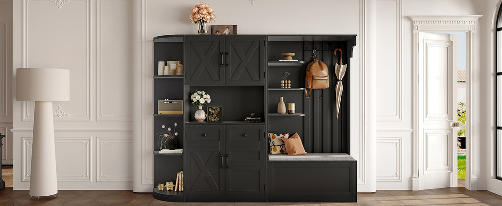 Multifunctional left-right combination hall cabinet (can be used separately) with storage and 4 hooks, storage cabinet/ hall tree 2 in 1 for living room, kitchen and hallway, Black