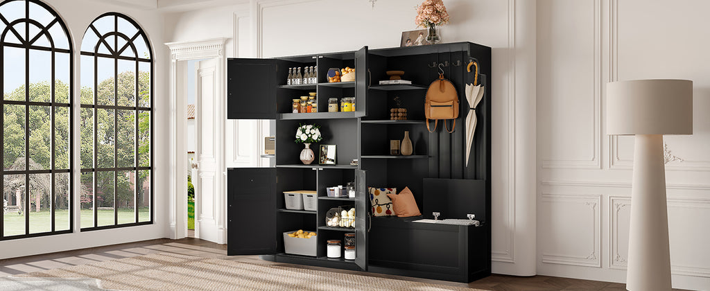 Multifunctional left-right combination hall cabinet (can be used separately) with storage and 4 hooks, storage cabinet/ hall tree 2 in 1 for living room, kitchen and hallway, Black