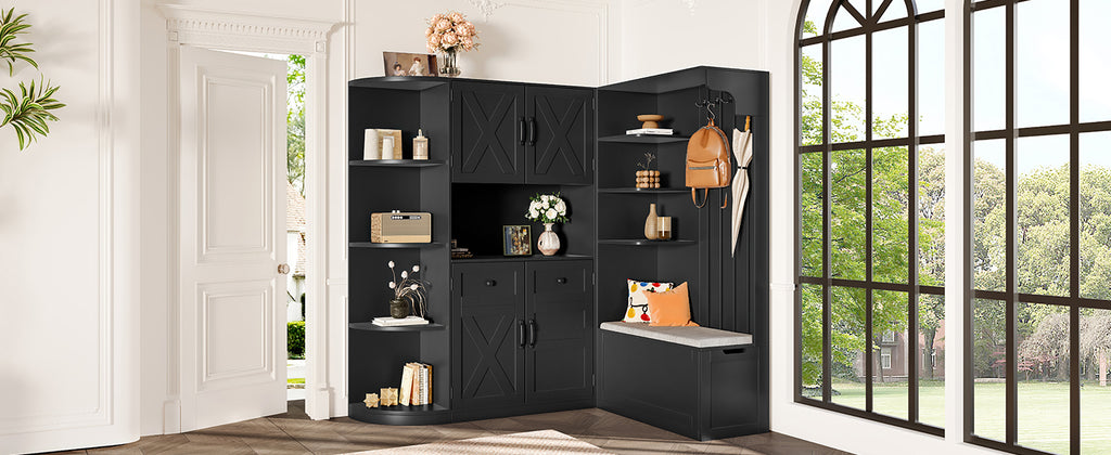 Multifunctional left-right combination hall cabinet (can be used separately) with storage and 4 hooks, storage cabinet/ hall tree 2 in 1 for living room, kitchen and hallway, Black