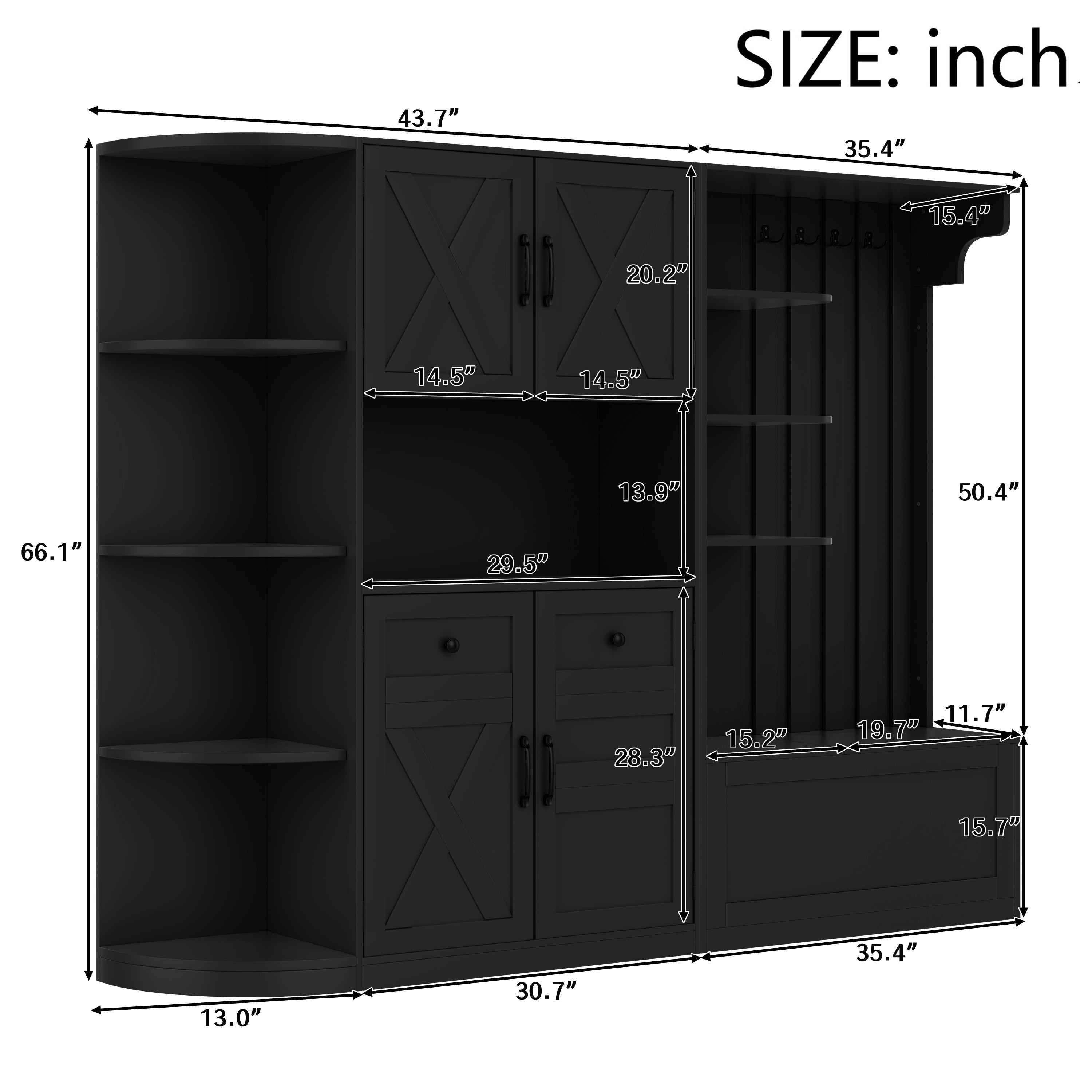 Multifunctional left-right combination hall cabinet (can be used separately) with storage and 4 hooks, storage cabinet/ hall tree 2 in 1 for living room, kitchen and hallway, Black