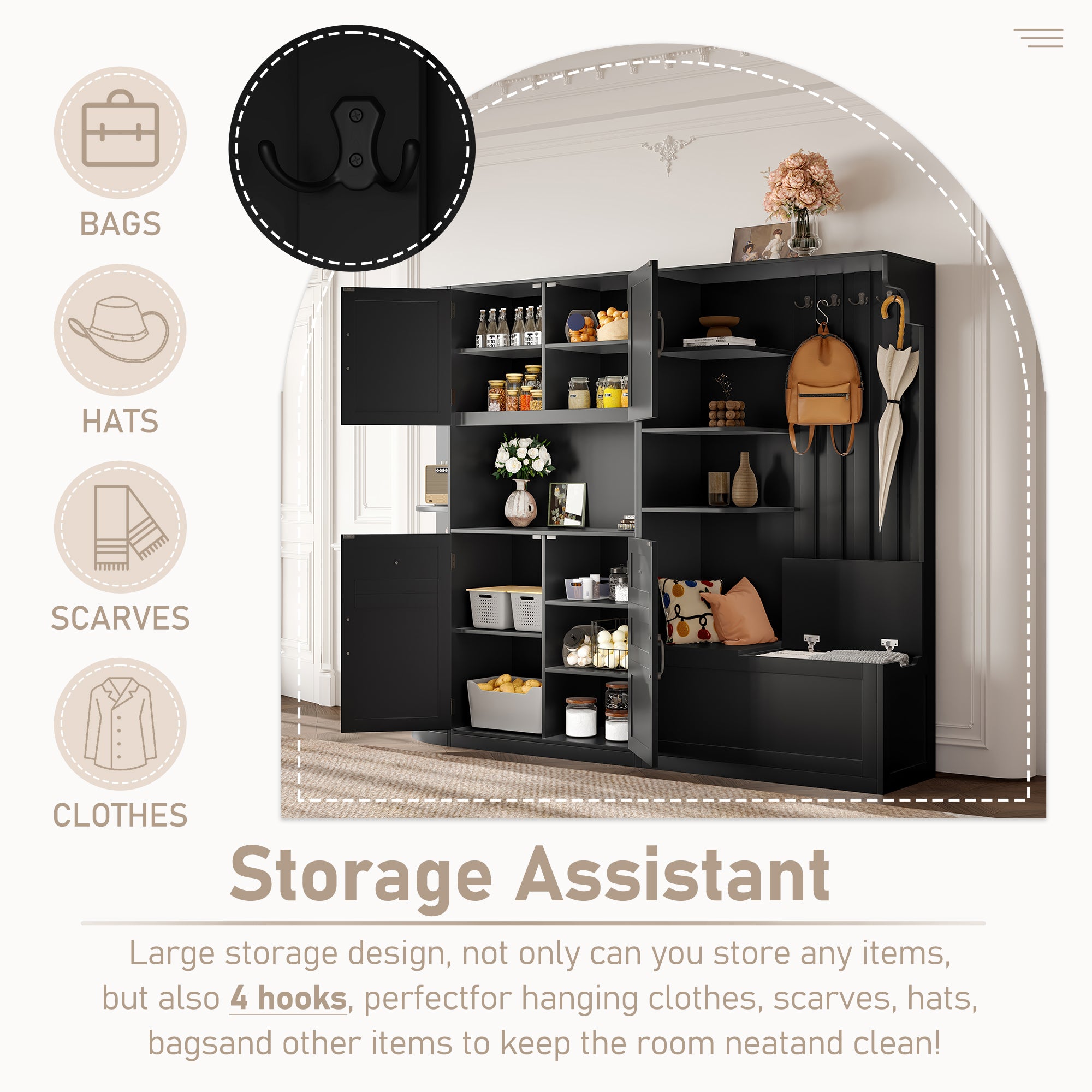 Multifunctional left-right combination hall cabinet (can be used separately) with storage and 4 hooks, storage cabinet/ hall tree 2 in 1 for living room, kitchen and hallway, Black