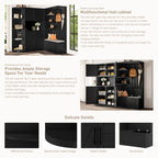 Multifunctional left-right combination hall cabinet (can be used separately) with storage and 4 hooks, storage cabinet/ hall tree 2 in 1 for living room, kitchen and hallway, Black