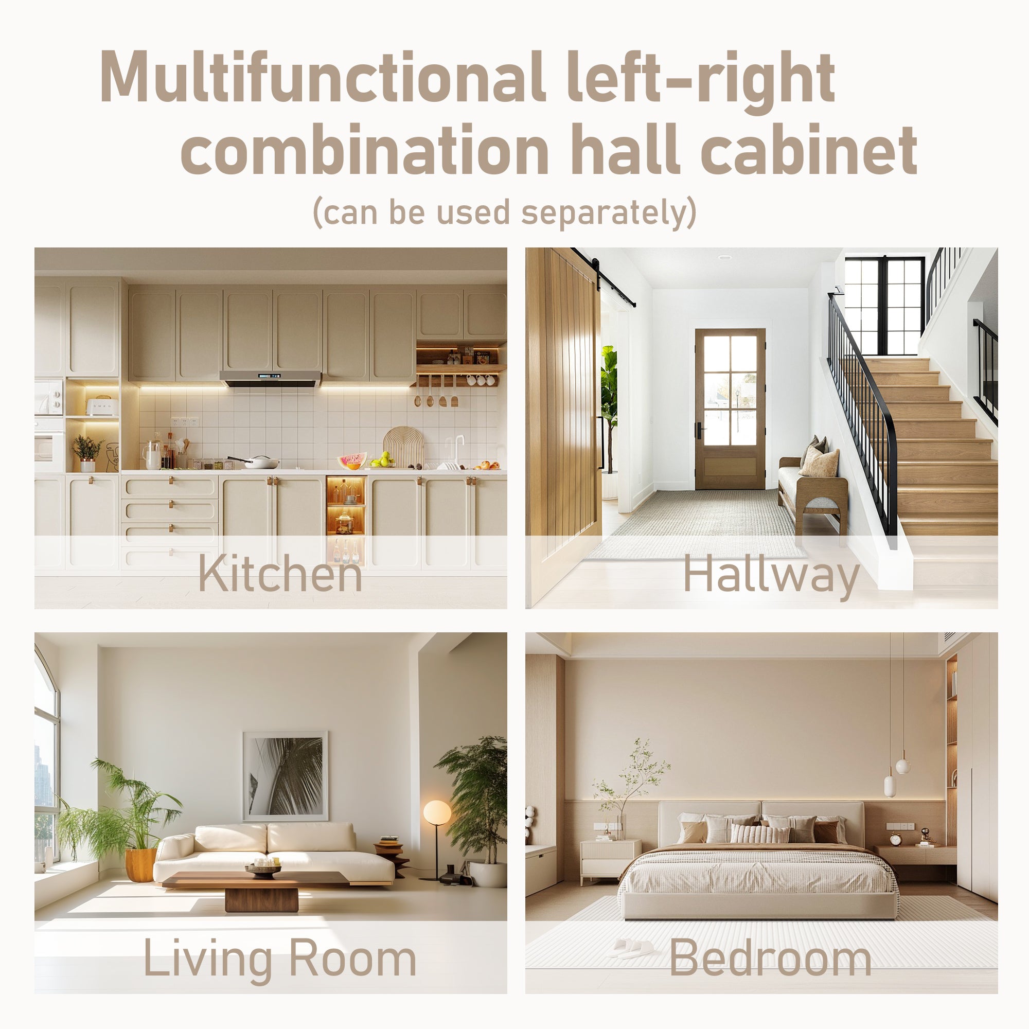 Multifunctional left-right combination hall cabinet (can be used separately) with storage and 4 hooks, storage cabinet/ hall tree 2 in 1 for living room, kitchen and hallway, Black