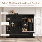 Multifunctional left-right combination hall cabinet (can be used separately) with storage and 4 hooks, storage cabinet/ hall tree 2 in 1 for living room, kitchen and hallway, Black