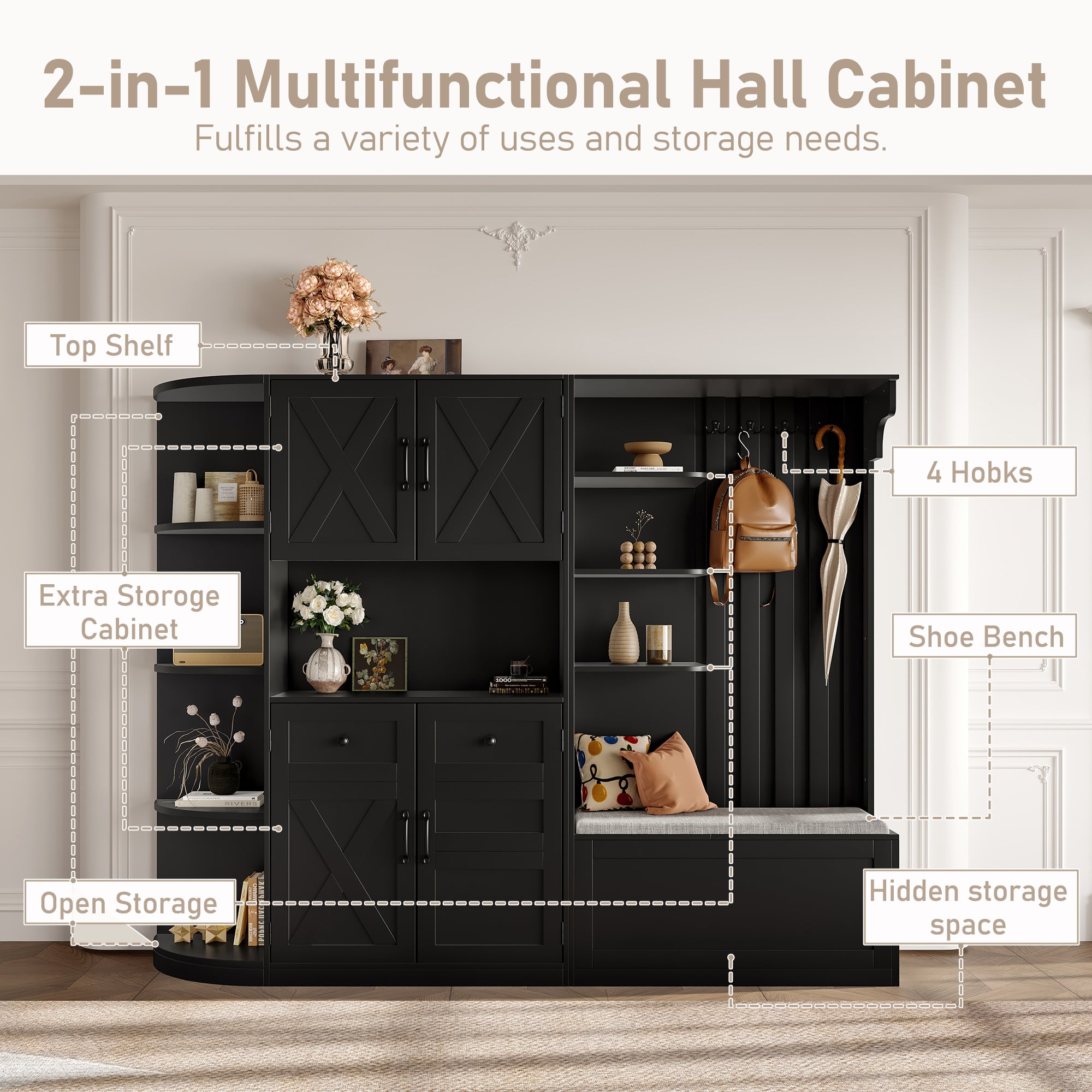 Multifunctional left-right combination hall cabinet (can be used separately) with storage and 4 hooks, storage cabinet/ hall tree 2 in 1 for living room, kitchen and hallway, Black