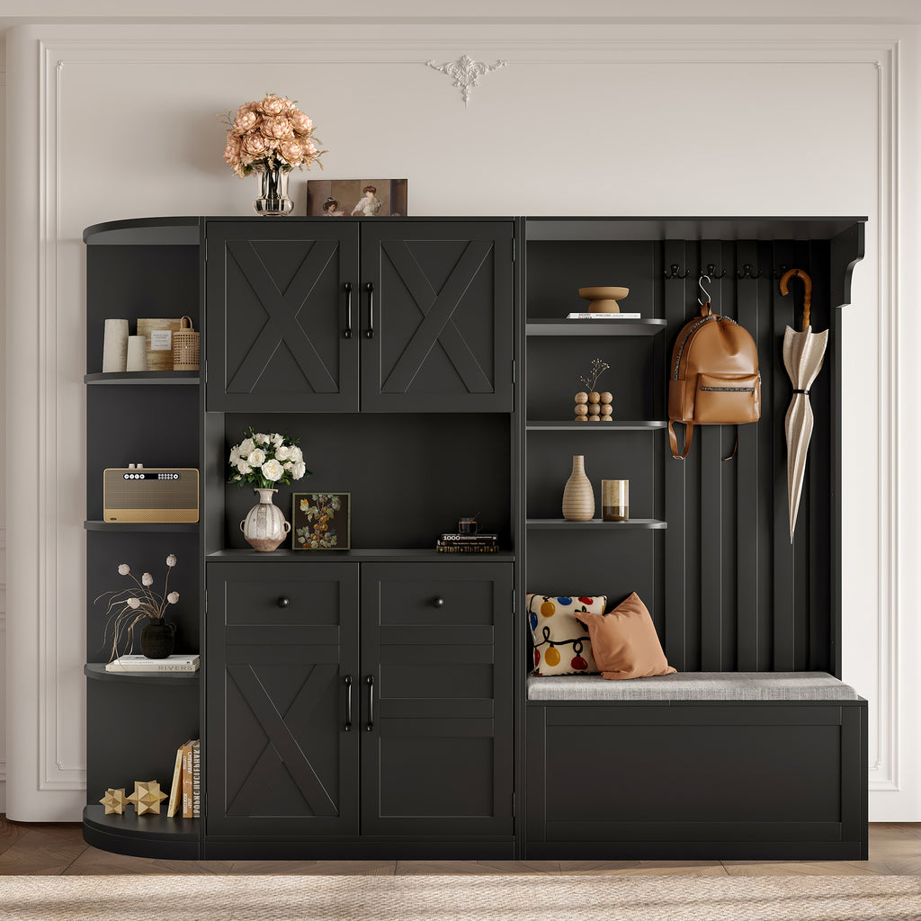 Multifunctional left-right combination hall cabinet (can be used separately) with storage and 4 hooks, storage cabinet/ hall tree 2 in 1 for living room, kitchen and hallway, Black