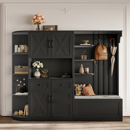 Multifunctional left-right combination hall cabinet (can be used separately) with storage and 4 hooks, storage cabinet/ hall tree 2 in 1 for living room, kitchen and hallway, Black