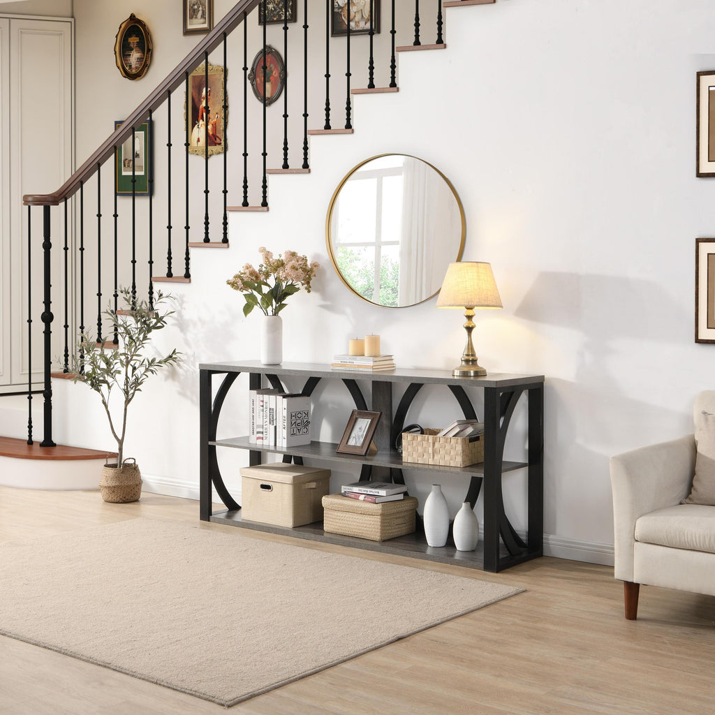 3-Tier Industrial Console Table,70.87 inch, Narrow Entry Table Long Table with Storage for Entryway, Living Room, Foyer, Hallway, black