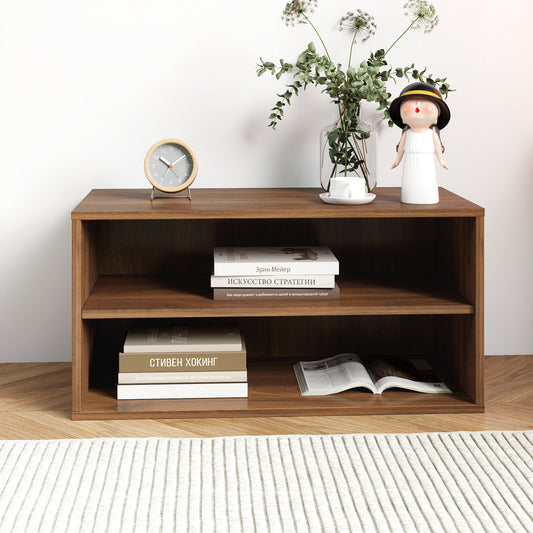 Wooden shelf with books, a clock, and decorative items on a white background