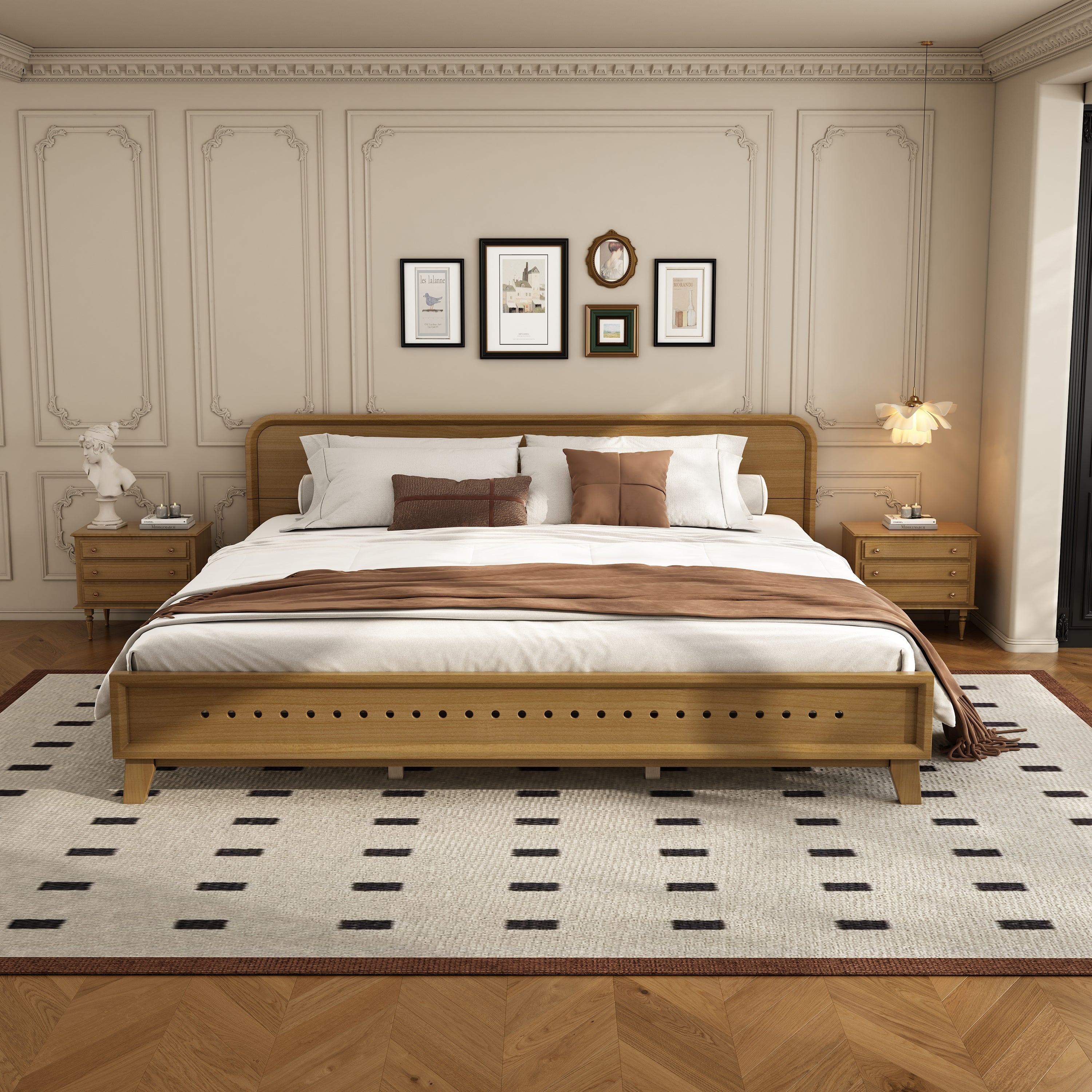 PINE SOLID WOOD KING SIZE BED, SOLID AND STABLE, NO BOX SPRING NEEDED, RUSTIC YELLOW COLOR