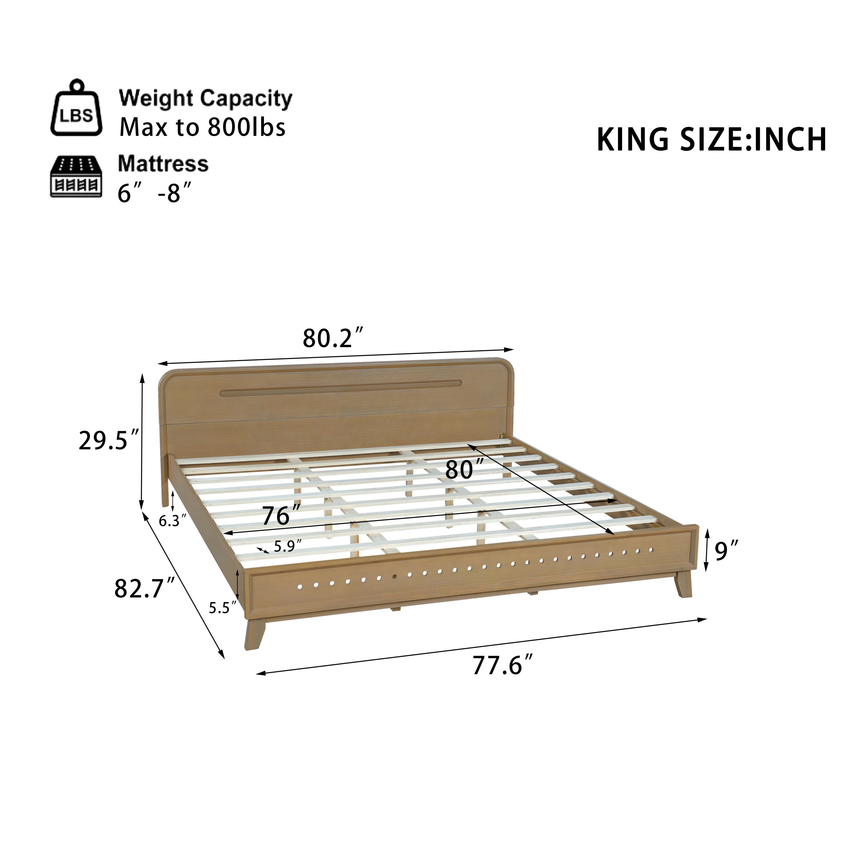 PINE SOLID WOOD KING SIZE BED, SOLID AND STABLE, NO BOX SPRING NEEDED, RUSTIC YELLOW COLOR