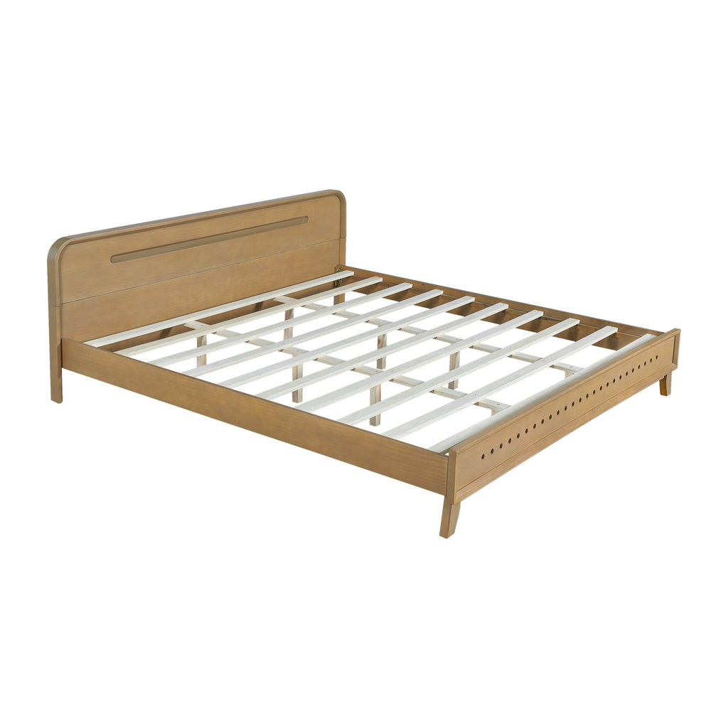PINE SOLID WOOD KING SIZE BED, SOLID AND STABLE, NO BOX SPRING NEEDED, RUSTIC YELLOW COLOR