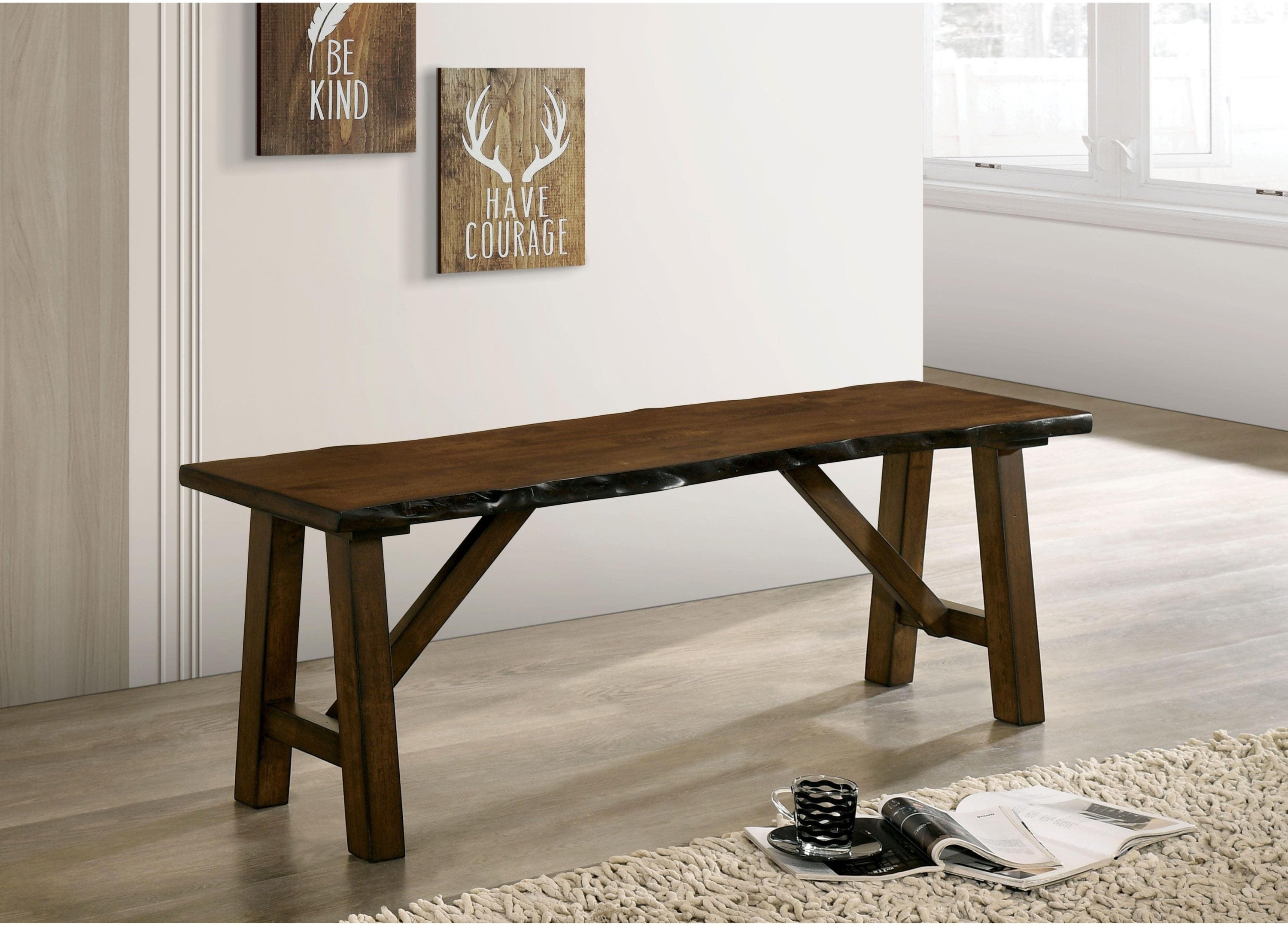 Rustic Walnut Finish 1pc Bench Only Live Edge Design Distressed Wood Seat Dining Room Furniture Solid wood Bench Dining Bench