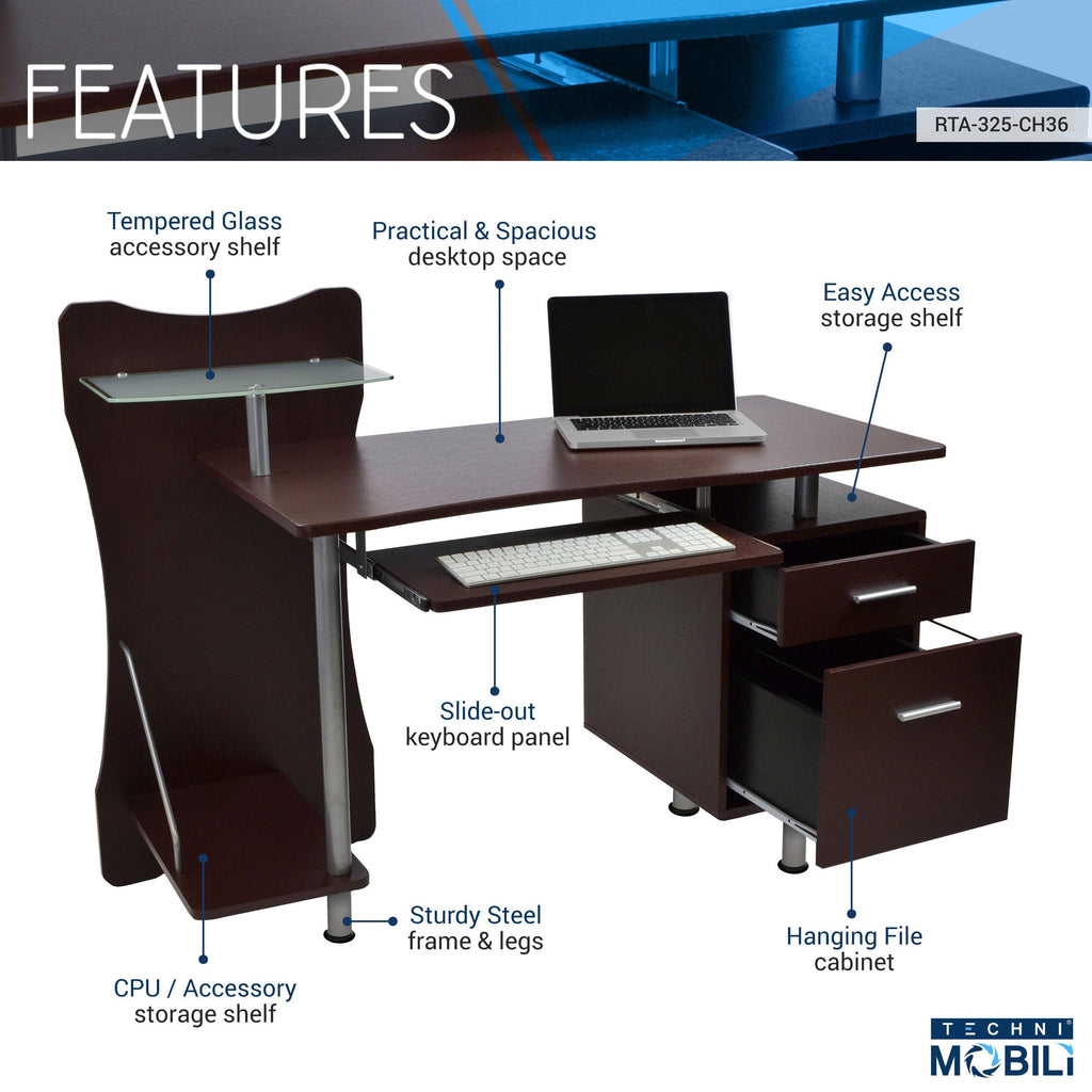 Solid Wood Computer Desk With Storage In Chocolate Finish.
