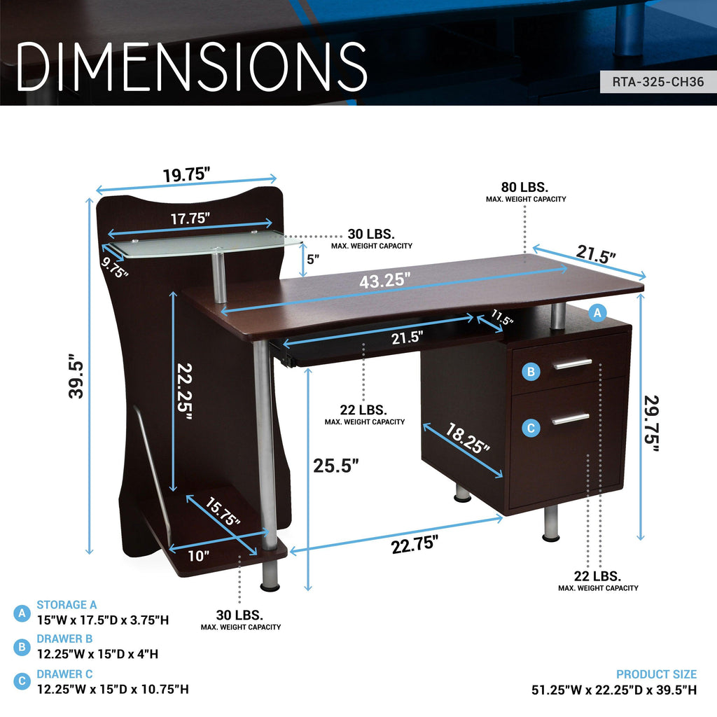 Solid Wood Computer Desk With Storage In Chocolate Finish.