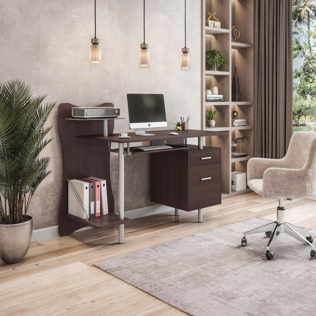 Solid Wood Computer Desk With Storage In Chocolate Finish.