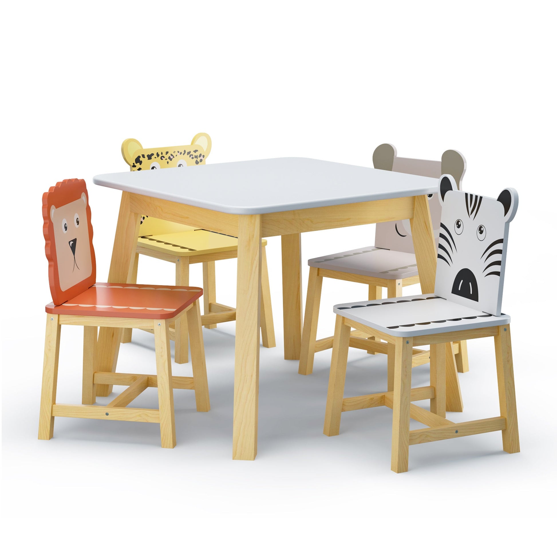5 Piece Kiddy Table and Chair Set , Kids Wood Table with 4 Chairs Set Cartoon Animals (bigger table) (3-8 years old) - Groovy Boardz
