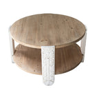 31.5x31.5x17.7' Round Wooden Coffee Table with Natural Brown Finish, Carved White Legs, and Lower Storage Shelf Coffee Table