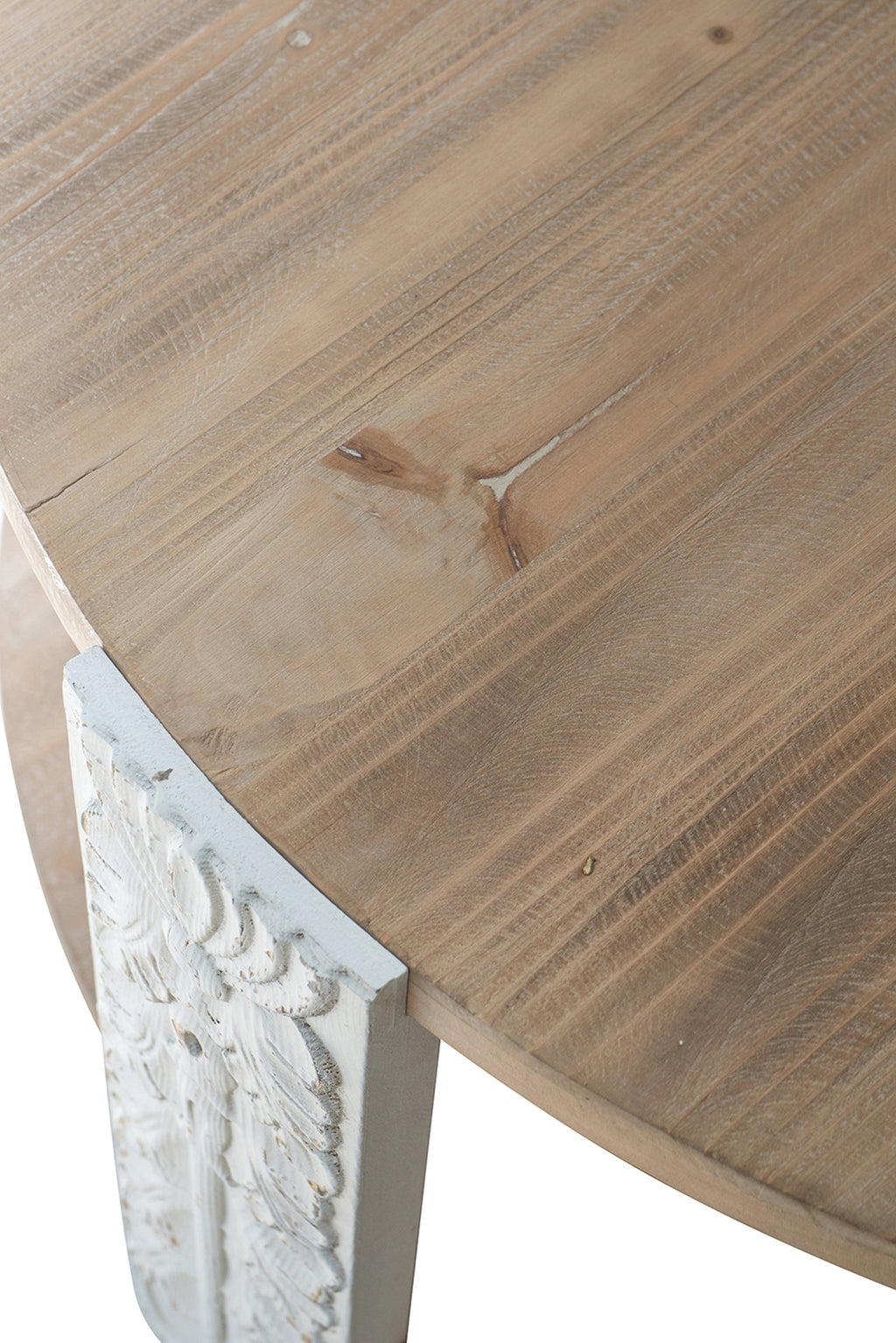 31.5x31.5x17.7' Round Wooden Coffee Table with Natural Brown Finish, Carved White Legs, and Lower Storage Shelf Coffee Table