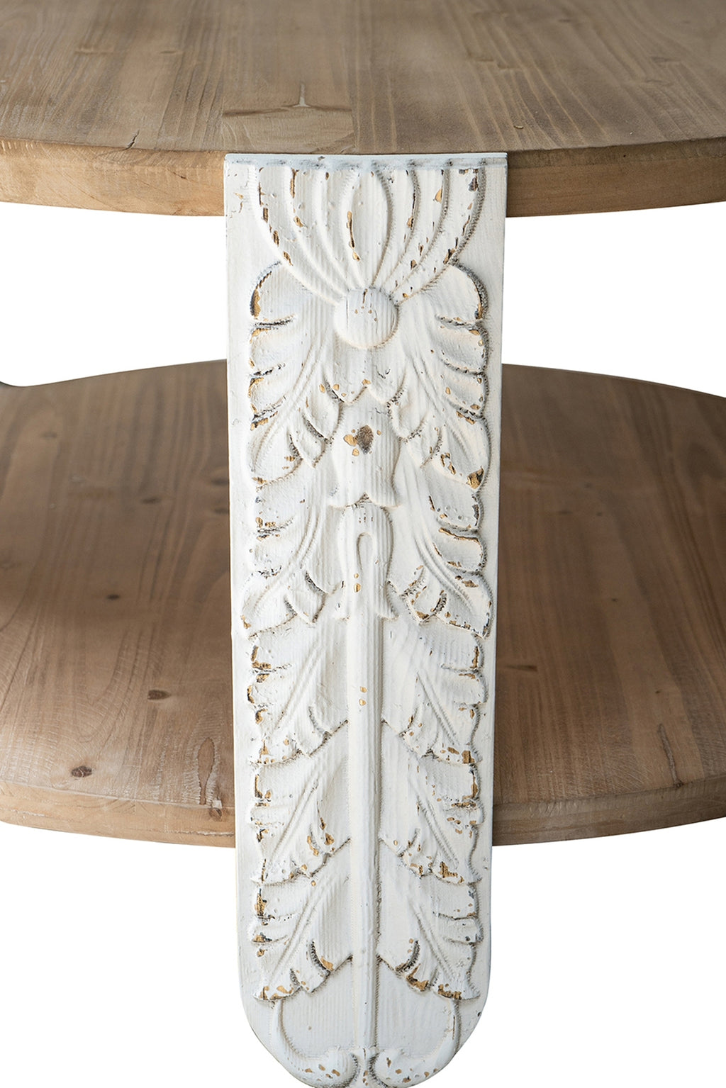 31.5x31.5x17.7' Round Wooden Coffee Table with Natural Brown Finish, Carved White Legs, and Lower Storage Shelf Coffee Table