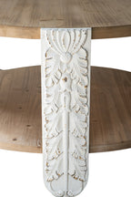 31.5x31.5x17.7' Round Wooden Coffee Table with Natural Brown Finish, Carved White Legs, and Lower Storage Shelf Coffee Table