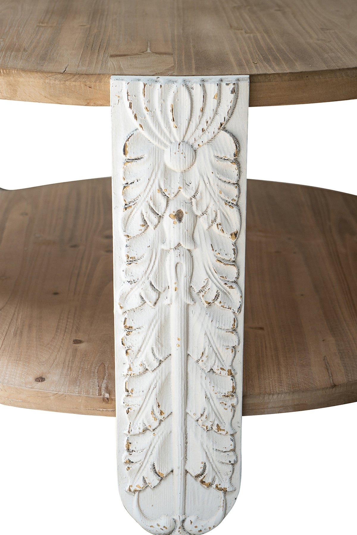 31.5x31.5x17.7' Round Wooden Coffee Table with Natural Brown Finish, Carved White Legs, and Lower Storage Shelf Coffee Table