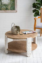 31.5x31.5x17.7' Round Wooden Coffee Table with Natural Brown Finish, Carved White Legs, and Lower Storage Shelf Coffee Table