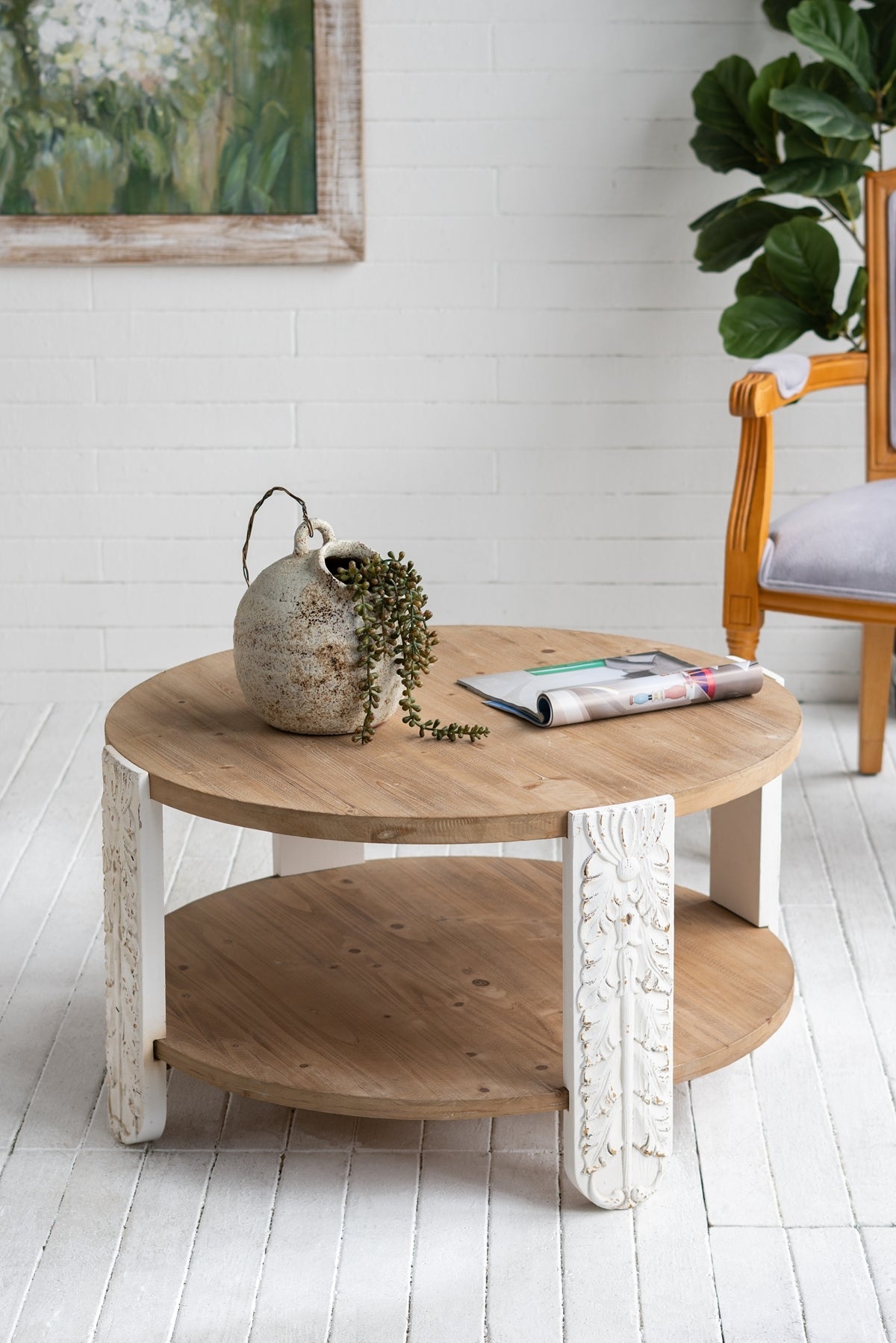 31.5x31.5x17.7' Round Wooden Coffee Table with Natural Brown Finish, Carved White Legs, and Lower Storage Shelf Coffee Table